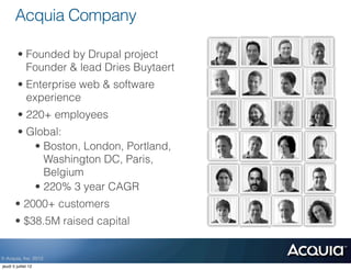 Acquia Company

         • Founded by Drupal project
           Founder & lead Dries Buytaert
         • Enterprise web & software
           experience
         • 220+ employees
         • Global:
            • Boston, London, Portland,
              Washington DC, Paris,
              Belgium
            • 220% 3 year CAGR
       • 2000+ customers
       • $38.5M raised capital


© Acquia, Inc. 2012.
jeudi 5 juillet 12
 