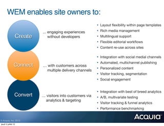 WEM enables site owners to:
                                                           •   Layout ﬂexibility within page templates

                           ... engaging experiences        •   Rich media management
                 Create        without developers          •   Multilingual support
                                                           •   Flexible editorial workﬂows
                                                           •   Content re-use across sites

                                                           •   Integration with social medial channels
                                                           •   Automated, multichannel publishing
                Connect    … with customers across
                                                           •   Personalized content
                             multiple delivery channels
                                                           •   Visitor tracking, segmentation
                                                           •   Social engagement


                                                           •   Integration with best of breed analytics
                 Convert   … visitors into customers via   •   A/B, multivariate testing
                             analytics & targeting
                                                           •   Visitor tracking & funnel analytics
                                                           •   Performance benchmarking


© Acquia, Inc. 2012.
jeudi 5 juillet 12
 