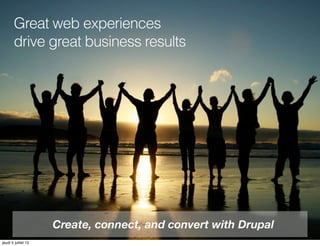 Great web experiences
       drive great business results




                       Create, connect, and convert with Drupal
© Acquia, Inc. 2012.
jeudi 5 juillet 12
 