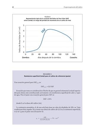 Evapotranspiración del cultivo

22

FIGURA 8

Representación típica de la variación del Índice de Área Foliar (IAF)
activo (verde) a lo largo del periodo de crecimiento de un cultivo de maíz

Índice de Área Foliar (m2 / m2)

5
4

IA

F

3
2
1
0
0

Siembra

20

40

60

80

100

días después de la siembra

120

140

Cosecha

RECUADRO 5

Resistencia superficial (total) para el cultivo de referencia (pasto)

Una ecuación general para IAFactivo es:
IAFactivo = 0,5 IAF
Ecuación que toma en consideración el hecho de que en general solamente la mitad superior
del pasto denso está contribuyendo activamente a la transferencia superficial de calor y vapor
de agua. Para el pasto una ecuación general para IAF es:
IAF = 24 h
donde h es la altura del cultivo [m].
La resistencia estomática, rl, de una sola hoja tiene un valor de alrededor de 100 s m-1 bajo
condiciones bien regadas. Si se asume una altura de cultivo de 0,12 m, la resistencia superficial,
rs [s m-1], para el pasto será (Ecuación 5):

rs =

100
≈ 70 s m−1
0,5 ( 24) (0,12)

 