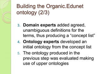 Building the Organic.Edunet
ontology (2/3)
3.

4.
5.

Domain experts added agreed,
unambiguous definitions for the
terms, ...