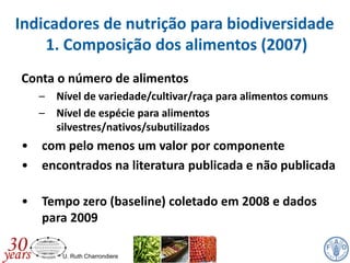 U. Ruth Charrondiere
Conta o número de alimentos
– Nível de variedade/cultivar/raça para alimentos comuns
– Nível de espécie para alimentos
silvestres/nativos/subutilizados
• com pelo menos um valor por componente
• encontrados na literatura publicada e não publicada
• Tempo zero (baseline) coletado em 2008 e dados
para 2009
Indicadores de nutrição para biodiversidade
1. Composição dos alimentos (2007)
 