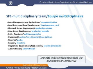 SFE-multidisciplinary team/Equipemultidiciplinaire  - Farm Management and Agribusiness/ commercialisation  - Land Tenure and Rural Development/ developpement rural  - Livestock Sector Development/ production animale  - Crop Sector Development/ production vegetale  - Policy Assistance/ politiquesagricoles  - Investment/ centre d’investissement-liens bailleurs  - Fisheries/ peches  - Forestry/ foresterie  - Programme development/food security/ securitealimentaire  - Administration/ administrationMandate to look at regional aspects in a multidisciplinary perspective