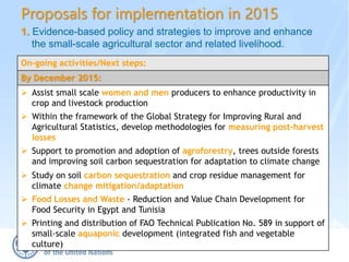 Proposals for implementation in 2015
1. Evidence-based policy and strategies to improve and enhance
the small-scale agricultural sector and related livelihood.
On-going activities/Next steps:
By December 2015:
 Assist small scale women and men producers to enhance productivity in
crop and livestock production
 Within the framework of the Global Strategy for Improving Rural and
Agricultural Statistics, develop methodologies for measuring post-harvest
losses
 Support to promotion and adoption of agroforestry, trees outside forests
and improving soil carbon sequestration for adaptation to climate change
 Study on soil carbon sequestration and crop residue management for
climate change mitigation/adaptation
 Food Losses and Waste - Reduction and Value Chain Development for
Food Security in Egypt and Tunisia
 Printing and distribution of FAO Technical Publication No. 589 in support of
small-scale aquaponic development (integrated fish and vegetable
culture)
 