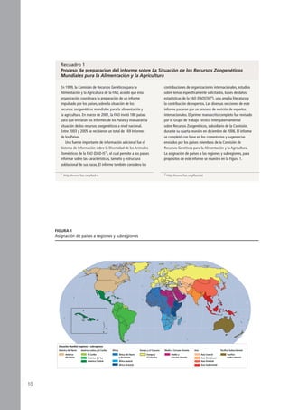 10
Figura 1
Asignación de países a regiones y subregiones
En 1999, la Comisión de Recursos Genéticos para la
Alimentación y la Agricultura de la FAO, acordó que esta
organización coordinara la preparación de un informe
impulsado por los países, sobre la situación de los
recursos zoogenéticos mundiales para la alimentación y
la agricultura. En marzo de 2001, la FAO invitó 188 países
para que enviaran los Informes de los Países y evaluaran la
situación de los recursos zoogenéticos a nivel nacional.
Entre 2003 y 2005 se recibieron un total de 169 Informes
de los Países.
Una fuente importante de información adicional fue el
Sistema de Información sobre la Diversidad de los Animales
Domésticos de la FAO (DAD-IS1
), el cual permite a los países
informar sobre las características, tamaño y estructura
poblacional de sus razas. El informe también considera las
contribuciones de organizaciones internacionales, estudios
sobre temas específicamente solicitados, bases de datos
estadísticas de la FAO (FAOSTAT2
), una amplia literatura y
la contribución de expertos. Las diversas secciones de este
informe pasaron por un proceso de revisión de expertos
internacionales. El primer manuscrito completo fue revisado
por el Grupo de Trabajo Técnico Intergubernamental
sobre Recursos Zoogenéticos, subsidiario de la Comisión,
durante su cuarta reunión en diciembre de 2006. El informe
se completó con base en los comentarios y sugerencias
enviados por los países miembros de la Comisión de
Recursos Genéticos para la Alimentación y la Agricultura.
La asignación de países a las regiones y subregiones, para
propósitos de este informe se muestra en la Figura 1.
Recuadro 1
Proceso de preparación del informe sobre La Situación de los Recursos Zoogenéticos
Mundiales para la Alimentación y la Agricultura
1
http://www.fao.org/dad-is 2
http://www.fao.org/faostat
América del Norte
América
del Norte
América Latina y el Caribe
El Caribe
América del Sur
América Central
Europa y el Cáucaso
Europa y
el Cáucaso
Medio y Cercano Oriente
Medio y
Cercano Oriente
África
África del Norte
y Occidente
África Austral
África Oriental
Asia
Asia Central
Asia Meridional
Asia Oriental
Asia Sudoriental
Pacífico Sudoccidental
Pacífico
Sudoccidental
Situación Mundial: regiones y subregiones
 