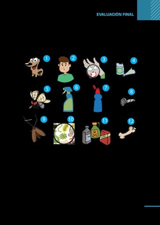 Manual
para
manipuladores
de
alimentos
99
EVALUACIÓN FINAL ...
Figura 2: Identifique estas imágenes y agrupe según
el tipo de peligro al que representan y cuales son vectores
de peligros biológicos.
Según el número de cada dibujo, indique a que grupo pertenecen:
Peligros físicos:
Peligros biológicos:
Peligros químicos:
Principales vectores
de peligros biológicos:
 