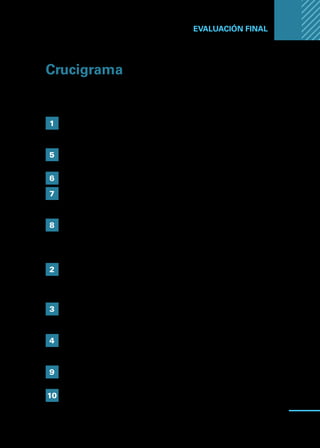 Manual
para
manipuladores
de
alimentos
101
EVALUACIÓN FINAL ...
Crucigrama
Lea atentamente las siguientes preguntas y responda el crucigrama:
Horizontales:
	 1	 Son los microorganismos que tienen un mayor impacto sobre
la inocuidad de los alimentos. En condiciones ideales son capaces
de duplicar su número cada 20 minutos.
	 5	 Es una de las principales vías de contaminación de alimentos
provenientes de los manipuladores.
	 6	 Ellos son la etapa final de la cadena de alimentos.
	 7	 Se presenta cuando consumimos un alimento contaminado con
gérmenes que causan enfermedad, como pueden ser bacterias, larvas
o huevos de algunos parásitos.
	 8	 Sigla de lo que se entiende como: “Lo Primero que Entra es lo Primero
que Sale”
.
Verticales:
	 2	 Los _ _ _ _ _ _ _ _ _ _ _ _ _ _ _ _ _ _ _ _ _ puede estar contaminado con:
1. microorganismos como bacterias, virus, parásitos; 2. presencia
de sustancias extrañas como tierras, trozos de palo, pelos;
y 3. contaminantes químicos como insecticidas y detergentes.
	 3	 Existen alimentos de alto _ _ _ _ _ _ _ _ _ _ _ y de bajo _ _ _ _ _ _ _ _ _ _ .
Por lo tanto, es importante conocer los distintos tipos de alimentos, sus
características, y cuáles son las condiciones adecuadas de manipulación.
	 4	 Dentro de los hábitos deseables de un manipulador de alimentos,
se considera utilizar siempre en el lavado de manos agua limpia y
_ _ _ _ _ _ _ _ _ _ _ _ _ _ _ _ _ _ _ _ _ _ _ _ _.
	 9	 Método más utilizado para prevenir la multiplicación bacteriana
y mantener los alimentos a temperaturas inferiores a los 5°C.
	10	 Se considera uno de los factores que desfavorece la multiplicación
bacteriana.
 