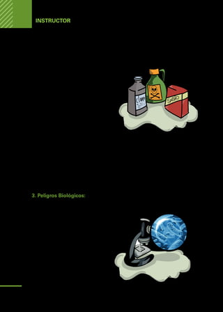 Manual
para
manipuladores
de
alimentos
Instructor
Finalmente, la contaminación puede ocurrir en los mesones y los utensilios de
trabajos, ya que estos pueden estar con sustancias químicas al momento de
manipular los alimentos.
Ejemplos de peligros químicos (5):
•	 Sustancias tóxicas que están presen-
tes de forma natural (como las biotoxi-
nas marinas, las micotoxinas);
•	 Contaminantes ambientales o indus-
triales (como el mercurio, el plomo, los
bifenilos policlorados (BPC), la dioxina,
los nucleidos radiactivos);
•	 Residuos de productos químicos para la
agricultura tales como los plaguicidas,
los residuos de medicamentos veteri-
narios y de desinfectantes de superficie;
•	 Sustancias tóxicas transmitidas por el contacto de los alimentos con el envase
u otros materiales;
•	 Nuevas cuestiones de toxicología (como la alergenicidad, los trastornos endo-
crinos derivados de los residuos de plaguicidas).
3. Peligros Biológicos:
Incluye a las bacterias, los parásitos y los virus.
El problema principal lo constituyen
los microorganismos, que se definen
como: Seres vivos, microscópicos,
que se encuentran en todas partes
(agua, aire, tierra). Según su tamaño,
su forma, su modo de vida, podemos
distinguir las bacterias, levaduras,
hongos, virus y parásitos. En general,
aquellos que tienen un mayor impacto
sobre la inocuidad de los alimentos
son las bacterias y virus (6).
12
 