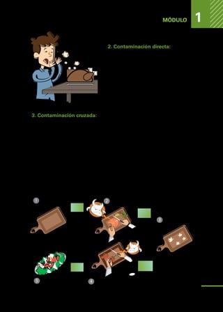 PELIGROS
DE
LOS
ALIMENTOS
MÓDULO 1
2. Contaminación directa:
Los contaminantes llegan al alimento por
medio de la persona que los manipula.
Este tipo de contaminación posiblemente
es la forma más simple y común de conta-
minación de los alimentos.
Un típico ejemplo es cuando estornuda-
mos sobre la comida.
3. Contaminación cruzada:
Esta contaminación se entiende como el paso de un peligro presente en un
alimento a otro que se encontraba inocuo, utilizando como vehículo superficies
o utensilios que han estado en contacto con ambos alimentos sin la debida
limpieza y desinfección requerida.
Las formas más frecuentes de contaminación cruzada ocurren cuando el mani-
pulador permite el contacto de un alimento crudo con uno cocido listo para con-
sumir, a través de tablas para cortar o utensilios de cocina.
Otro ejemplo de este tipo de contaminación ocurre cuando asamos carne a la
parrilla y utilizamos la bandeja donde se encuentran los alimentos crudos para
cortar los alimentos cocinados.
Tabla Limpia Carne cruda
(contaminada)
Tabla CONTAMINADA
Se cortan tomates ya desinfectados
con la tabla y el cuchillo contaminados
Alimento servido
(contaminado)
15
 