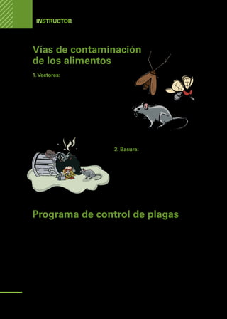 Manual
para
manipuladores
de
alimentos
Instructor
Vías de contaminación
de los alimentos
1.Vectores:
Los principales vectores que contaminan
los alimentos son las aves, moscas, cucara-
chas, ratas o ratones y hormigas. Estos
transportan los microorganismos y conta-
minan los alimentos, por lo tanto, es indis-
pensable que en los lugares que se mani-
pulan alimentos se cuente con un programa
de control de plagas.
2. Basura:
La basura en el lugar de preparación o
almacenamiento de los alimentos re-
presenta un medio de cultivo ideal para
el desarrollo de los microorganismos y
la presencia de plagas.
Programa de control de plagas
Para evitar la proliferación de plagas se debe seguir los siguientes puntos:
1.	Asegurar que las condiciones estructurales de las instalaciones (edificaciones,
muebles, ventanas) están en óptimas condiciones.
2.	Realizar constantemente la limpieza y desinfección del lugar de trabajo.
3.	Almacenar correctamente los alimentos.
4.	Eliminar correctamente los desechos en el lugar de trabajo.
5.	Evitar que ingresen posibles plagas al lugar de trabajo, evitando dejar puertas y
ventanas abiertas, utilizando mallas para mosquitos, y rejillas en los desagües.
16
 