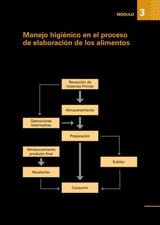 Medidas
higiénicas
para
prevenir
la
contaminación
de
los
alimentos
MÓDULO 3
Manejo higiénico en el proceso
de elaboración de los alimentos
Para un correcto manejo higiénico de los alimentos es indispensable aplicar las
Buenas Prácticas de Manufactura (BPM), o Buenas Practicas de Fabricación
(BPF), durante todo el proceso de elaboración de alimentos.
La elaboración de alimentos cuenta con los siguientes procesos:
Recepción de
materias Primas
Almacenamiento
Preparación
Exhibir
Consumir
Operaciones
Intermedias
Almacenamiento
producto final
Recalentar
45
 