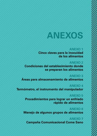Anexos
Anexo 1
Cinco claves para la inocuidad
de los alimentos
Anexo 2
Condiciones del establecimiento donde
se preparan los alimentos
Anexo 3
Áreas para almacenamiento de alimentos
Anexo 4
Termómetro, el instrumento del manipulador
Anexo 5
Procedimientos para lograr un enfriado
rápido de alimentos
Anexo 6
Manejo de algunos grupos de alimentos
Anexo 7
Campaña Comunicacional Come Sano
 