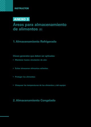 Manual
para
manipuladores
de
alimentos
68
Instructor
Anexo 3
Áreas para almacenamiento
de alimentos (8)
1. Almacenamiento Refrigerado
Los alimentos de alto riesgo deben mantenerse a temperatura por debajo de los
5 grados centígrados (menor a 5°C) para evitar la multiplicación de las bacterias.
Claves generales que deben ser aplicadas:
•	 Mantener buena circulación de aire: La temperatura del aire debe ser de
unos 4 grados centígrados (Se puede corroborar mediante el uso de un termó-
metro colocado en la parte más “caliente” del equipo).
•	 Evitar almacenar alimentos calientes: Para impedir que el equipo (refrige-
rador) entre en zona de temperatura de peligro. Lo mismo puede suceder si
el equipo es sobrecargado ya que se impide la circulación del aire frío.
•	 Proteger los alimentos: Mantener los alimentos cubiertos con papel alumi-
nio, plástico, recipientes a la medida, es una de las mejores maneras de evitar
la contaminación cruzada.
•	 Chequear las temperaturas de los alimentos y del equipo: La vigilancia a
los alimentos almacenados debe realizarse a intervalos de tiempo y de forma
al azar. No olvide también que la temperatura del equipo debe ser chequeada
con frecuencia y que conviene anotar las lecturas obtenidas.
2. Almacenamiento Congelado
Área en la cual se mantienen los alimentos congelados a una temperatura de
menos 18 grados centígrados (menor a 18°C), condiciones que si bien no matan
todos los microorganismos, sí reducen su crecimiento. No obstante eso, los
alimentos congelados deben ser utilizados lo más rápidamente posible dentro
de su fecha de vencimiento.
 