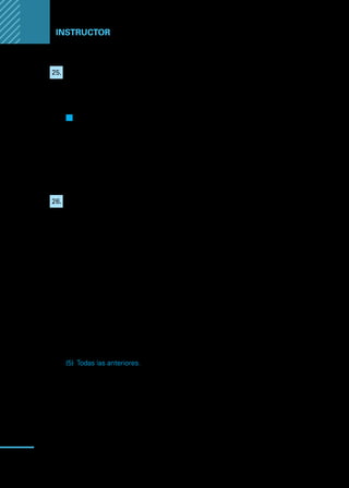 Manual
para
manipuladores
de
alimentos
96
Instructor
25.	 Los recipientes de mucha profundidad puestos en el refrigerador
son un medio inaceptable para el enfriamiento rápido de alimentos
potencialmente peligrosos. Son recomendables los recipientes
de acero de 10 a 15 cm de altura y con tapa.
Q
Q Verdadero
F
F Falso
Justifique:
26.	 Se consideran PUNTOS CRITICOS de contaminación de alimentos los
siguientes puntos:
I.	 Correcto lavado de manos y utensilios como preparación previa a la
manipulación de alimentos (nunca trabajar con utensilios oxidados).
II.	 Conservar alimentos en refrigeración.
III.	 Calentar el alimento mínimo a 60°C para eliminar los microbios.
IV.	 Calcular cantidades justas que se van a utilizar en un corto período de
tiempo, evitando recalentar y contaminar los alimentos.
V.	 Servir los alimentos con utensilios limpios, hábitos higiénicos visibles
para los consumidores y una correcta presentación.
Respuesta:
(1)	 Solo I
(2)	 Solo I, II
(3)	 Solo I, II, III
(4)	 I, III, IV y V
(5)	 Todas las anteriores.
 