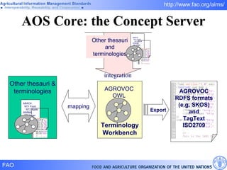 AOS Core: the Concept Server Export mapping Terminology Workbench AGROVOC OWL AGROVOC RDFS formats (e.g. SKOS) and TagText ISO2709 Other thesauri and terminologies integration ABACA NT1 Food NT2 Apple ANIMAL BT Organ NT .... Other thesauri & terminologies ABACA NT1 Food NT2 Apple ANIMAL BT Organ NT .... 