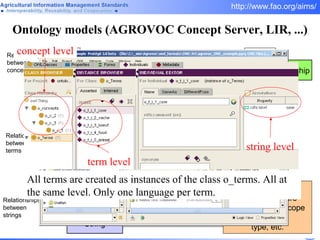 Ontology models (AGROVOC Concept Server, LIR, ...) Concept Relationships between concepts Lexicalization/ Term String Relationships between strings Relationships between terms designated by manifested as Other information: language/culture subvocabulary/scope audience type, etc. Note annotation relationship Relationship Relationships between Relationships All terms are created as instances of the class o_terms. All at the same level. Only one language per term. term level string level concept level 