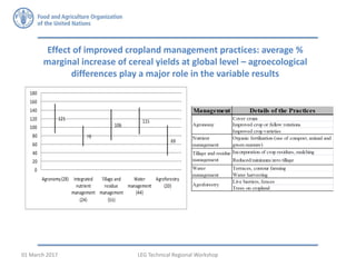 Effect of improved cropland management practices: average %
marginal increase of cereal yields at global level – agroecological
differences play a major role in the variable results
LEG Technical Regional Workshop01 March 2017
 
