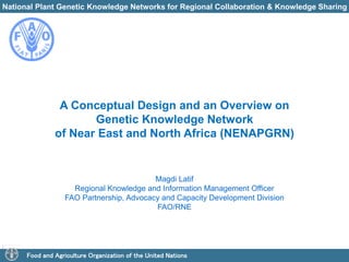National Plant Genetic Knowledge Networks for Regional Collaboration & Knowledge Sharing
Food and Agriculture Organization of the United Nations
A Conceptual Design and an Overview on
Genetic Knowledge Network
of Near East and North Africa (NENAPGRN)
Magdi Latif
Regional Knowledge and Information Management Officer
FAO Partnership, Advocacy and Capacity Development Division
FAO/RNE
 