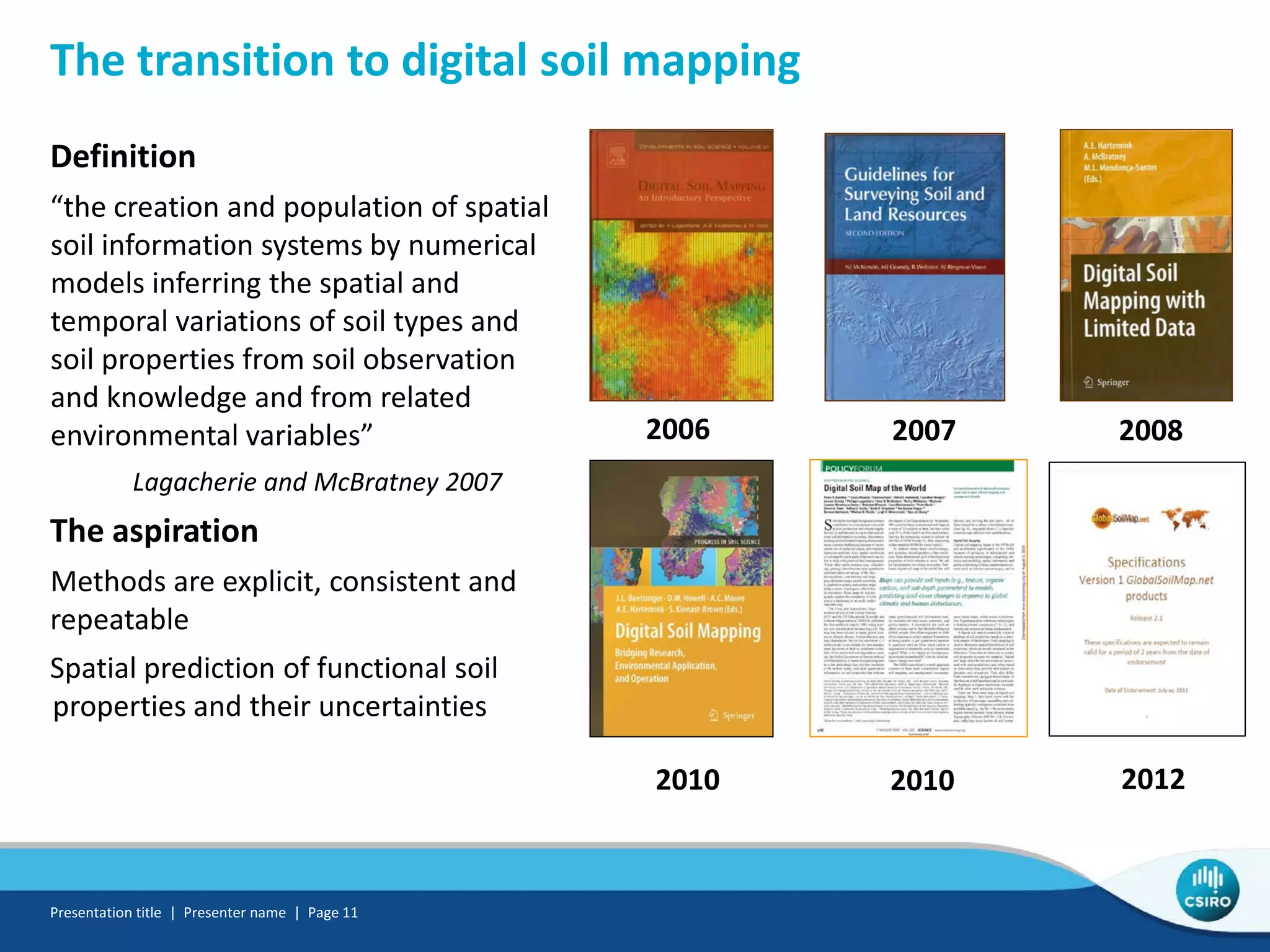 The transition to digital soil mapping
Definition
“the creation and population of spatial
soil information systems by numerical
models inferring the spatial and
temporal variations of soil types and
soil properties from soil observation
and knowledge and from related
environmental variables”
Lagacherie and McBratney 2007
The aspiration
Methods are explicit, consistent and
repeatable
Spatial prediction of functional soil
properties and their uncertainties
Presentation title | Presenter name | Page 11
2006 2007
2010 2012
2008
2010
 