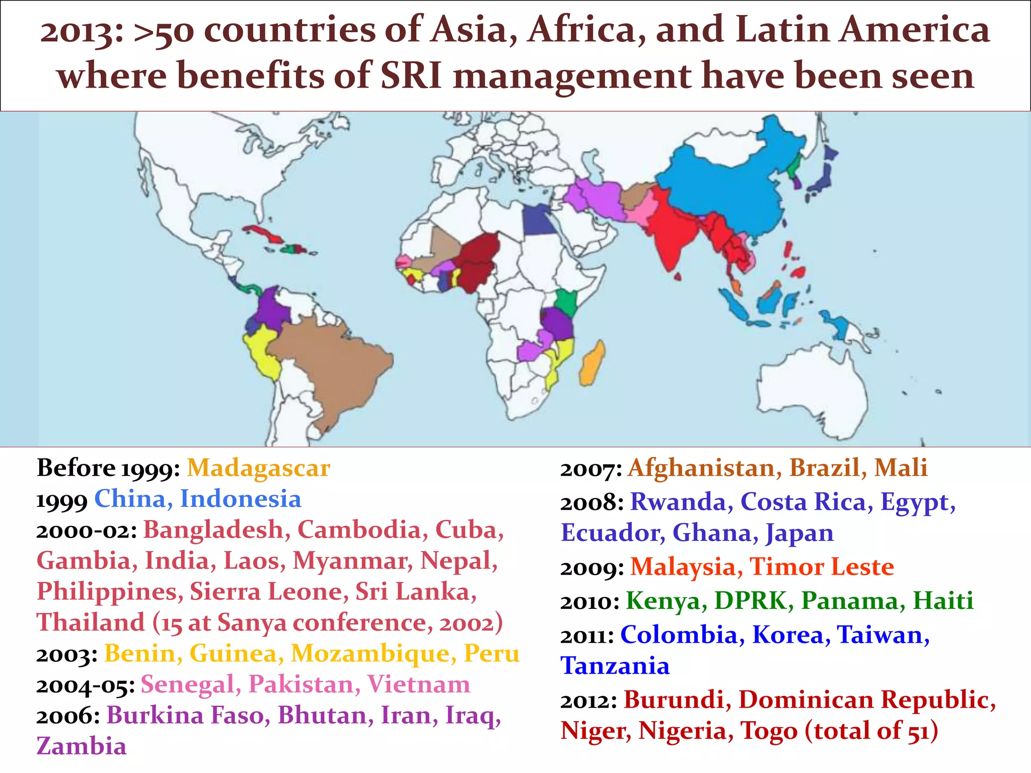 2013: >50 countries of Asia, Africa, and Latin America
 where benefits of SRI management have been seen




Before 1999: Madagascar                   2007: Afghanistan, Brazil, Mali
1999 China, Indonesia                     2008: Rwanda, Costa Rica, Egypt,
2000-02: Bangladesh, Cambodia, Cuba,      Ecuador, Ghana, Japan
Gambia, India, Laos, Myanmar, Nepal,      2009: Malaysia, Timor Leste
Philippines, Sierra Leone, Sri Lanka,     2010: Kenya, DPRK, Panama, Haiti
Thailand (15 at Sanya conference, 2002)   2011: Colombia, Korea, Taiwan,
2003: Benin, Guinea, Mozambique, Peru     Tanzania
2004-05: Senegal, Pakistan, Vietnam
                                          2012: Burundi, Dominican Republic,
2006: Burkina Faso, Bhutan, Iran, Iraq,
                                          Niger, Nigeria, Togo (total of 51)
Zambia
 