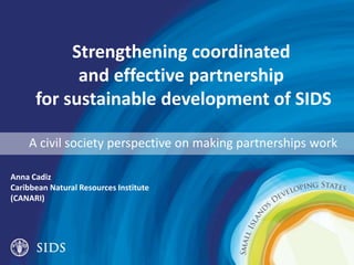 Strengthening coordinated
and effective partnership
for sustainable development of SIDS
A civil society perspective on making partnerships work
Anna Cadiz
Caribbean Natural Resources Institute
(CANARI)
 
