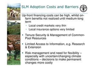 SLM Adoption Costs and Barriers 
Up-front financing costs can be high, whilst on-farm 
benefits not realized until medium-long 
term 
 Local credit markets very thin 
 Local insurance options very limited 
 Tenure Security  Management of Common- 
Pool Resources 
 Limited Access to Information, e.g. Research 
 Extension 
 Risk management and need for flexibility – 
especially with uncertain/changing climate 
conditions – decisions to make permanent 
changes more costly Photos: FAO Mediabase 
 