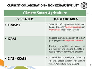 9
CURRENT COLLABORATION – NON EXHAUSTIVE LIST
Climate Smart Agriculture
CG CENTER THEMATIC AREA
• CIMMYT • Suitability of Leguminous Cover and
Forage Crops for Southern African and
Vietnamese Production Systems
• ICRAF • Support to implementation of MICCA
pilot projects in Kenya and Tanzania
• Provide scientific evidence of
productivity and climate benefits of
locally relevant agricultural practices
• CIAT - CCAFS • Co-lead the Knowledge Action Group
of the Global Alliance for Climate
Smart Agriculture (KAG-GACSA)
 