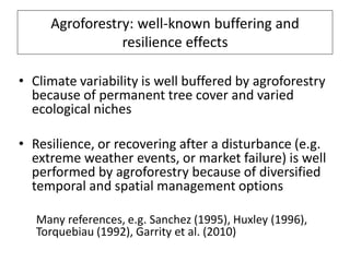 Agroforestry: well-known buffering and
                resilience effects

• Climate variability is well buffered by agroforestry
  because of permanent tree cover and varied
  ecological niches

• Resilience, or recovering after a disturbance (e.g.
  extreme weather events, or market failure) is well
  performed by agroforestry because of diversified
  temporal and spatial management options

   Many references, e.g. Sanchez (1995), Huxley (1996),
   Torquebiau (1992), Garrity et al. (2010)
 