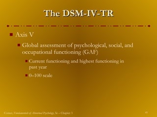 The DSM-IV-TR Axis V Global assessment of psychological, social, and occupational functioning (GAF) Current functioning and highest functioning in  past year 0 – 100 scale 