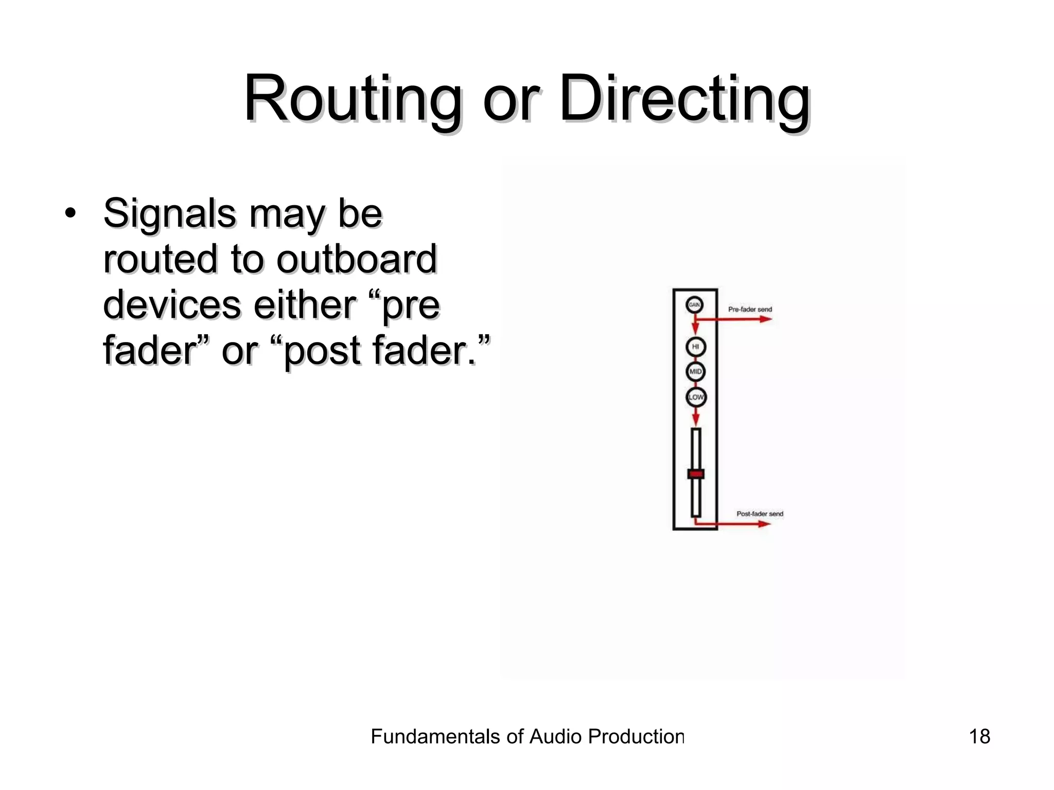 Routing or Directing Signals may be routed to outboard devices either “pre fader” or “post fader.” 