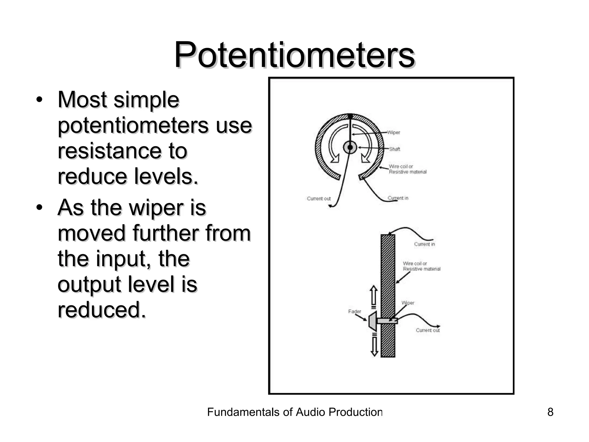 Potentiometers Most simple potentiometers use resistance to reduce levels. As the wiper is moved further from the input, the output level is reduced. 