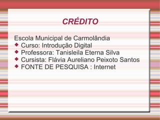CRÉDITO
Escola Municipal de Carmolândia
 Curso: Introdução Digital
 Professora: Tanisleila Eterna Silva
 Cursista: Flávia Aureliano Peixoto Santos
 FONTE DE PESQUISA : Internet
 