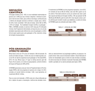 35
2012 BicJr PIBIC
Cotas Concedidas 1429 3647
Instituições Beneficiadas 45 78
Iniciação
Científica
A Iniciação Científica Junior - BIC-Jr é uma modalidade implementada em
parceria com o CNPq que visa a motivar e despertar o interesse do jovem,
já em nível do ensino médio, para a ciência e tecnologia, contribuindo para
a melhoria da educação nacional ao estimular a vocação para a ciência.
Em 2012, foram concedidas 1.429 cotas de bolsas, sendo 450 do CNPq
e 979 da Fundação. Na modalidade Iniciação Científica na graduação -
PIBIC, a FAPEMIG concedeu no exercício 3.647 cotas para 78 instituições
mineiras. Este Programa tem demonstrado, ao longo dos anos, ser uma das
atividades responsáveis pela melhoria dos cursos de graduação e a melhor
forma de gerar quadros para a pós-graduação no País, reduzindo o tempo
de formação de pesquisadores.
O investimento da FAPEMIG nos dois programas representou, só em 2012,
um montante de mais de R$ 20 milhões, valor este 40% superior ao do
ano anterior. Parte deste acréscimo se deu por aumento das cotas e parte
pelo reajuste das Bolsas de Iniciação Científica - BIC que passaram de R$
360,00 para R$ 400,00 a partir de julho 2012. Esse reajuste cumpre a polí-
tica definida pelo Conselho Curador que estabeleceu os valores de bolsas
da FAPEMIG iguais aos praticados pela Capes e CNPq.
Minas Gerais conta com 314 cursos de mestrado e 168 de doutorado. De
acordo com dados da Capes, o número de cursos no Estado equivale a cer-
ca de 10% do total de programas de pós-graduação no País (GeoCAPES,
2011). Por isso, Minas ocupa o 3º lugar no ranking nacional, após São
Paulo e Rio de Janeiro, em número de pesquisadores, conforme Diretório
de Grupos de Pesquisa do CNPq (2010).
A FAPEMIG apoia esses cursos por meio do Programa de Apoio à Pós-Gra-
duação (PAPG), além dos programas em parceria com a Capes. Em 2012,
concedeu um recorde histórico de bolsas: 1.383, o que representou um
investimento R$ 28,1 milhões.
Para os cursos com doutorado, o PAPG conta com a Taxa de Bancada que
tem o objetivo de apoiar a manutenção e melhoria das atividades neces-
sárias ao desenvolvimento da programação acadêmica, da pesquisa e do
projeto de tese. Estes cursos de doutorado recebem a Taxa de Bancada em
número de mensalidades igual ao número de cotas de bolsas concedidas.
Os valores das bolsas de mestrado e doutorado financiadas pela FAPEMIG
mantêm a paridade com os valores praticados pela Capes e CNPq.
Pós-graduação
stricto sensu
Tabela 7: : Cotas BIC-Jr e PIBIC
2012 Doutorado Mestrado Total
Cotas Concedidas 568 815 1383
Instituições Beneficiadas 18 36
Tabela 8: Cotas PAPG 2012
 