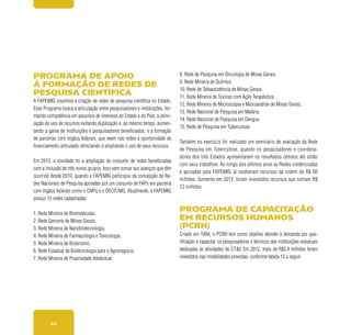 44
Programa de apoio
à formação de redes de
pesquisa científica
A FAPEMIG incentiva a criação de redes de pesquisa científica no Estado.
Esse Programa busca a articulação entre pesquisadores e instituições, for-
mando competência em assuntos de interesse do Estado e do País; a otimi-
zação do uso de recursos evitando duplicação e, ao mesmo tempo, aumen-
tando a gama de instituições e pesquisadores beneficiados; e a formação
de parcerias com órgãos federais, que veem nas redes a oportunidade de
financiamento articulado otimizando e ampliando o uso de seus recursos.
Em 2012, a novidade foi a ampliação do conjunto de redes beneficiadas
com a inclusão de três novos grupos. Isso vem somar aos avanços que têm
ocorrido desde 2010, quando a FAPEMIG participou da concepção de Re-
des Nacionais de Pesquisa apoiadas por um conjunto de FAPs em parceria
com órgãos federais como o CNPq e o DECIT/MS. Atualmente, a FAPEMIG
possui 15 redes cadastradas:
1. Rede Mineira de Biomoléculas.
2. Rede Genoma de Minas Gerais.
3. Rede Mineira de Nanobiotecnologia.
4. Rede Mineira de Farmacologia e Toxicologia.
5. Rede Mineira de Bioterismo.
6. Rede Estadual de Biotecnologia para o Agronegócio.
7. Rede Mineira de Propriedade Intelectual.
8. Rede de Pesquisa em Oncologia de Minas Gerais.
9. Rede Mineira de Química.
10. Rede de Teleassistência de Minas Gerais.
11. Rede Mineira de Toxinas com Ação Terapêutica.
12. Rede Mineira de Microscopia e Microanálise de Minas Gerais.
13. Rede Nacional de Pesquisa em Malária.
14. Rede Nacional de Pesquisa em Dengue.
15. Rede de Pesquisa em Tuberculose
Também no exercício foi realizado um seminário de avaliação da Rede
de Pesquisa em Tuberculose, quando os pesquisadores e coordena-
dores dos três Estados apresentaram os resultados obtidos até então
com seus trabalhos. Ao longo dos últimos anos as Redes credenciadas
e apoiadas pela FAPEMIG já receberam recursos da ordem de R$ 60
milhões. Somente em 2012, foram investidos recursos que somam R$
12 milhões.
Programa de Capacitação
em Recursos Humanos
(PCRH)
Criado em 1994, o PCRH tem como objetivo atender à demanda por qua-
lificação e capacitar os pesquisadores e técnicos das instituições estaduais
dedicadas às atividades de CT&I. Em 2012, mais de R$5,4 milhões foram
investidos nas modalidades previstas, conforme tabela 13 a seguir:
 