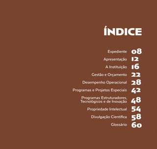 ÍNDICE
Expediente
Apresentação
A Instituição
Gestão e Orçamento
Desempenho Operacional
Programas e Projetos Especiais
Programas Estruturadores,
Tecnológicos e de Inovação
Propriedade Intelectual
Divulgação Científica
Glossário
08
12
16
22
28
42
48
54
58
60
 