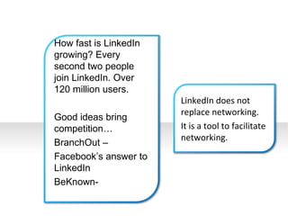 How fast is LinkedIn growing? Every second two people join LinkedIn. Over 120 million users. Good ideas bring competition…  BranchOut – Facebook’s answer to LinkedIn BeKnown- LinkedIn does not replace networking.  It is a tool to facilitate networking. 