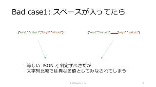 Bad case1: スペースが入ってたら
{"key1":"value1","key2":"value2"} {"key1":"value1”, "key2":"value2”}
等しい JSON と判定すべきだが
文字列比較では異なる値としてみなされてしまう
© 2018 Authlete, Inc. 16
 