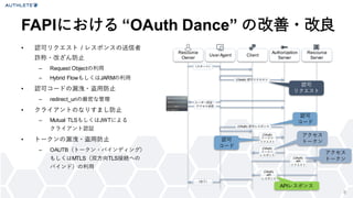 &bull; 認可リクエスト / レスポンスの送信者
詐称・改ざん防止
&ndash; Request Objectの利用
&ndash; Hybrid FlowもしくはJARMの利用
&bull; 認可コードの漏洩・盗用防止
&ndash; redirect_uriの厳密な管理
&bull; クライアントのなりすまし防止
&ndash; Mutual TLSもしくはJWTによる
クライアント認証
&bull; トークンの漏洩・盗用防止
&ndash; OAUTB（トークン・バインディング）
もしくはMTLS（双方向TLS接続への
バインド）の利用
FAPIにおける &ldquo;OAuth Dance&rdquo; の改善・改良
Resource
Owner
User Agent Client
Authorization
Server
Resource
Server
（スタート）
(OAuth) 認可リクエスト
(OAuth) 認可レスポンス
(OAuth)
トークン
リクエスト
(OAuth)
トークン
レスポンス
(OAuth)
API
リクエスト
(OAuth)
API
レスポンス
（完了）
ユーザー認証・
アクセス承認
認可
リクエスト
認可
コード
認可
コード
アクセス
トークン
アクセス
トークン
APIレスポンス
8
 