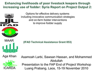 Enhancing livelihoods of poor livestock keepers through increasing use of fodder: Syria Report on Project Output 2:  Options for effective delivery systems  including innovative communication strategies  and on-farm fodder interventions to improve fodder supply (IFAD Technical Assistance Grant 853)  MAAR Aga Khan AsamoahLarbi, Sawsan Hassan, and Mohammed Abdullah Presentation to the FAP End of Project Workshop LuangPrabang, Laos, 15-19 November 2010 ICARDA 