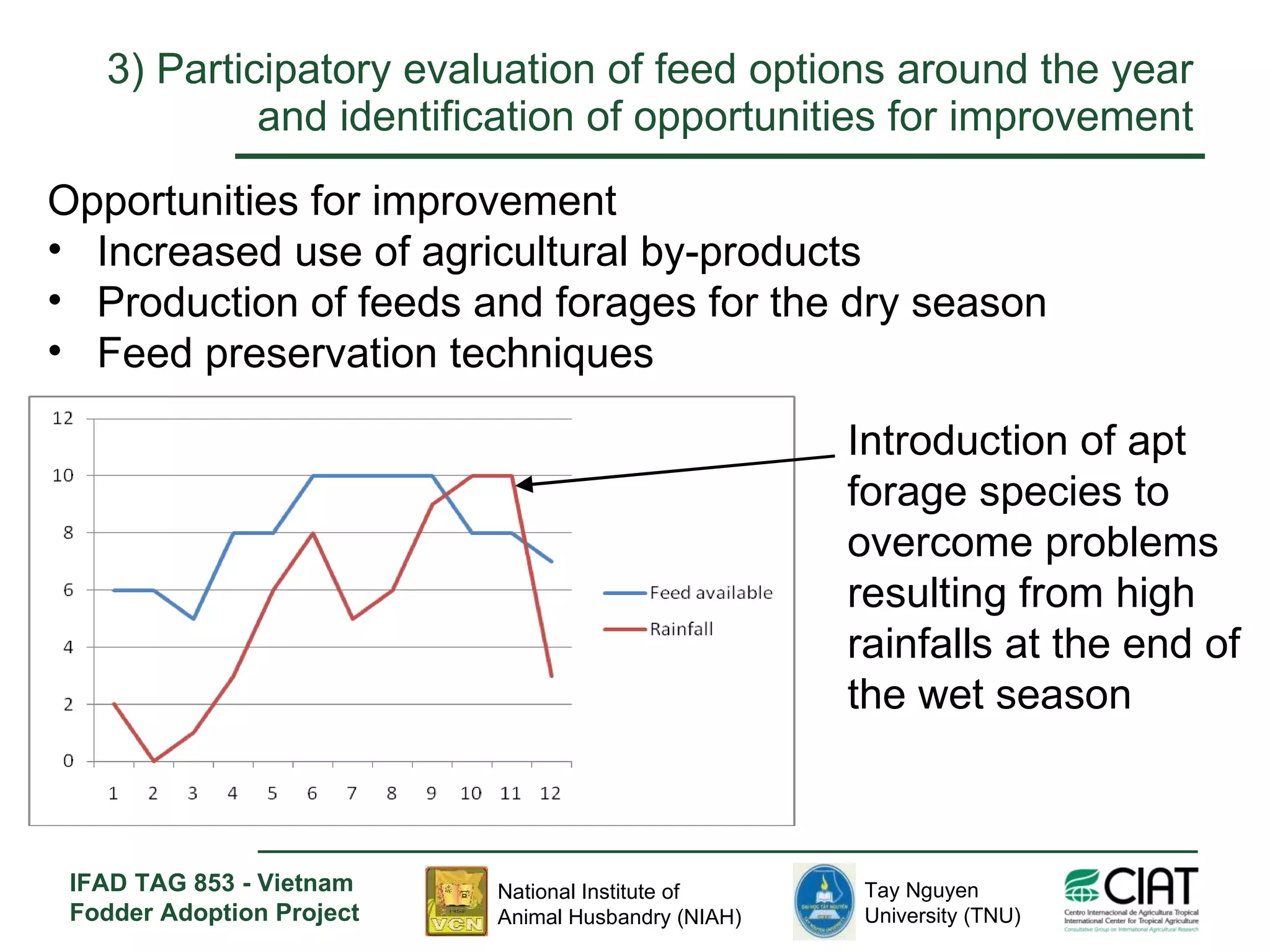 3)  Participatory e valuation of feed options around the year and identification of opportunities for improvement Opportunities for improvement Increased use of agricultural by-products Production of feeds and forages for the dry season Feed preservation techniques Introduction of apt forage species to overcome problems resulting from high rainfalls at the end of the wet season 