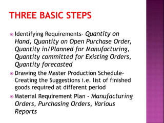  Identifying Requirements- Quantity on
Hand, Quantity on Open Purchase Order,
Quantity in/Planned for Manufacturing,
Quantity committed for Existing Orders,
Quantity forecasted
 Drawing the Master Production Schedule-
Creating the Suggestions i.e. list of finished
goods required at different period
 Material Requirement Plan - Manufacturing
Orders, Purchasing Orders, Various
Reports
 