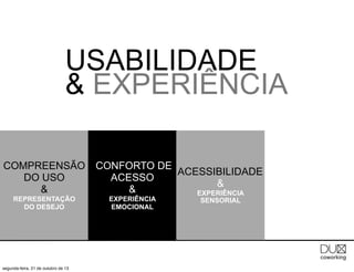 USABILIDADE
& EXPERIÊNCIA
COMPREENSÃO
DO USO
&
REPRESENTAÇÃO
DO DESEJO

segunda-feira, 21 de outubro de 13

CONFORTO DE
ACESSIBILIDADE
ACESSO
&
&
EXPERIÊNCIA
EXPERIÊNCIA
EMOCIONAL

SENSORIAL

 
