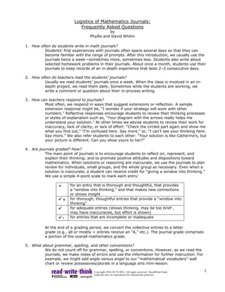 Logistics of Mathematics Journals:
                               Frequently Asked Questions
                                               by
                                    Phyllis and David Whitin

1. How often do students write in math journals?
         Students’ first experiences with journals often spans several days so that they can
         become familiar with the range of prompts. After this introduction, we usually use the
         journals twice a week—sometimes more, sometimes less. Students also write about
         selected homework problems in their journals. About once a month, students use their
         journals to keep records of an in-depth experience that lasts 2–3 consecutive days.

2. How often do teachers read the students’ journals?
         Usually we read students’ journals once a week. When the class is involved in an in-
         depth project, we read them daily. Sometimes while the students are working, we
         write a comment or question about their in-process writing.

3. How can teachers respond to journals?
         Most often, we respond in ways that suggest extensions or reflection. A sample
         extension response might be, “I wonder if your strategy will work with other
         numbers.” Reflective responses encourage students to review their thinking processes
         or styles of explanation such as, “Your diagram with the arrows really helps me
         understand your solution.” At other times we advise students to review their work for
         inaccuracy, lack of clarity, or lack of effort: “Check the circled part again and show me
         what you find out,” “I’m confused here. Say more,” or, “I can’t see your thinking here.
         Say more.” We also refer students to each other: “Your solution is like Catherine’s, but
         your picture is different. Can you show yours to her?”

4. Are journals graded? How?
          The main point of journals is to encourage students to reflect on, represent, and
          explain their thinking; and to promote positive attitudes and dispositions toward
          mathematics. When solutions or reasoning are inaccurate, we use the journals to plan
          review for individuals, small groups, and the whole group as necessary. Even when a
          solution is inaccurate, a student can receive credit for “giving a window into thinking.”
          We use a simple 4-point scale to mark each entry:

                  +       for an entry that is thorough and thoughtful, that provides
                          a “window into thinking,” and that makes new connections
                          or shows insight
                      +   for thorough, thoughtful entries that provide a “window into
                          thinking”
                          for adequate entries (shows thinking, may be too brief ,
                          may have inaccuracies, but effort is shown)
                      -   for entries that are incomplete or inadequate

          At the end of a grading period, we convert the collective entries to a letter
          grade (e.g., all or mostly + entries receive an “A,” etc.). The journal grade comprises
          a portion of the overall mathematics grade.

5. What about grammar, spelling, and other conventions?
         We do not count off for grammar, spelling, or conventions. However, as we read the
         journals, we make notes of errors and use the information for further instruction. For
         example, we might add angle versus angel to our “mathematical vocabulary” wall
         chart or review possessives/plurals in a language arts mini-lesson.

                                                                                                    1
 