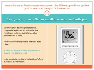 Le voyant de mon radiateur est allumé, mais ne chauffe pas
La température de consigne est atteinte.
L’appareil n’a plus besoin de chauffer, il se
remettra en route dès que la température
baissera dans la pièce.
Pour visualiser la température ambiante de la
pièce :
A partir du mode « AUTO » appuyer sur la
touche « I » du thermostat.
⇒ La température ambiante de la pièce s’affiche
sur l’écran du thermostat.
Mon radiateur ne fonctionne pas correctement : les différents problèmes que l'on
peut rencontrer et le moyen de les résoudre
 