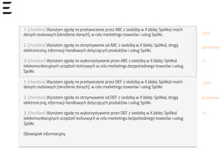 UODO
@/SMS/MMS
TEL
UODO
TEL
@/SMS/MMS
1. [checkbox] Wyrażam zgodę na przetwarzanie przez ABC z siedzibą w X (dalej: Spółka) moich
danych osobowych [określenie danych], w celu marketingu towarów i usług Spółki.
2. [checkbox] Wyrażam zgodę na otrzymywanie od ABC z siedzibą w X (dalej: Spółka), drogą
elektroniczną, informacji handlowych dotyczących produktów i usług Spółki.
3. [checkbox] Wyrażam zgodę na wykorzystywanie przez ABC z siedzibą w X (dalej: Spółka)
telekomunikacyjnych urządzeń końcowych w celu marketingu bezpośredniego towarów i usług
Spółki.
1. [checkbox] Wyrażam zgodę na przetwarzanie przez DEF z siedzibą w X (dalej: Spółka) moich
danych osobowych [określenie danych], w celu marketingu towarów i usług Spółki.
2. [checkbox] Wyrażam zgodę na otrzymywanie od DEF z siedzibą w X (dalej: Spółka), drogą
elektroniczną, informacji handlowych dotyczących produktów i usług Spółki.
3. [checkbox] Wyrażam zgodę na wykorzystywanie przez DEF z siedzibą w X (dalej: Spółka)
telekomunikacyjnych urządzeń końcowych w celu marketingu bezpośredniego towarów i usług
Spółki.
Obowiązek informacyjny.
 