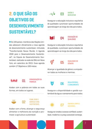 7
2. O que são os
Objetivos de
Desenvolvimento
Sustentável?
Os 193 países-membros das Nações Uni-
das adotaram oficialmente a nova agenda
de desenvolvimento sustentável, intitulada
“Transformando Nosso Mundo: A Agenda
2030 para o Desenvolvimento Sustentá-
vel”, na Cúpula de Desenvolvimento Sus-
tentável, realizada na sede da ONU em Nova
York, em setembro de 2015. Essa agenda
contém 17 Objetivos e 169 metas:
Acabar com a pobreza em todas as suas
formas, em todos os lugares.
--------------------------------------
Acabar com a fome, alcançar a segurança
alimentar e melhoraria da nutrição e pro-
mover a agricultura sustentável.
Assegurar a educação inclusiva e equitativa
de qualidade e promover oportunidades de
aprendizagem ao longo da vida para todos.
--------------------------------------
Assegurar a educação inclusiva e equitativa
de qualidade, e promover oportunidades de
aprendizagem ao longo da vida para todos.
--------------------------------------
Alcançar a igualdade de gênero e empode-
rar todas as mulheres e meninas.
--------------------------------------
Assegurar a disponibilidade e gestão sus-
tentável da água e saneamento para todos.
--------------------------------------
Asseguraratodosoacessoconfiável,susten-
tável, moderno e a preço acessível à energia.
erradicação da
pobreza
fome zero e
agricultura
sustentável
saúde e
bem estar
educação de
qualidade
igualdade de
gênero
água potável
e saneamento
energia limpa e
acessível
01
02
03
04
05
06
07
 