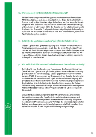 30.	 Wie konsequent werden die Rabattverträge umgesetzt?

    Bei den bisher umgesetzten Vertragstranchen hat der Produktanteil der
    AOK-Rabattpartner nach einer Anlaufzeit in der Regel durchschnittlich 70
    Prozent erreicht. Die Rabattverträge sind nahezu wertlos, wenn die Umset-
    zung beim Arzt und in der Apotheke nicht funktioniert. Denn die Vertrags-
    unternehmen gewähren den AOKs die Rabatte nur für tatsächlich verkaufte
    Produkte. Der finanzielle Erfolg der Rabattverträge hängt deshalb maßgeb-
    lich davon ab, wie viele Rabattprodukte vom Arzt verordnet und/oder in der
    Apotheke abgegeben werden.


31.	 Gefährdet die „Mehrkostenregelung“ den Erfolg der Rabattverträge?

    Die seit 1. Januar 2011 geltende Regelung wird von den Patienten kaum in
    Anspruch genommen. Auch dies zeigt, dass die große Mehrheit der Versi-
    cherten mit den Rabattverträgen zurechtkommt. Erste Befürchtungen, dass
    bei Pharmaunternehmen durch die Wahlmöglichkeit für Patienten der An-
    reiz nachlassen könnte, sich an Ausschreibungen zu beteiligen, haben sich
    bislang nicht bewahrheitet.


32.	 Wer ist für Streitfälle zwischen Krankenkassen und Pharmafirmen zuständig?

    Seit Inkrafttreten des Gesetzes zur Neuordnung des Arzneimittelmarktes
    (AMNOG) zum 1. Januar 2011 gilt in der gesetzlichen Krankenversicherung
    grundsätzlich das Kartellverbot (§1 Gesetz gegen Wettbewerbsbeschrän-
    kungen, GWB). Krankenkassen werden dadurch trotz ihres im Sozialgesetz-
    buch verankerten besonderen Auftrages zur Gesundheitsversorgung wie
    private Wirtschaftsunternehmen behandelt. Für kartell(vergabe)rechtliche
    Streitigkeiten sind deshalb nicht die Sozialgerichte, sondern die Zivilge-
    richte zuständig. Oberste zuständige Instanz bei Auseinandersetzungen um
    Arzneimittelrabattverträge ist der Vergabesenat beim Oberlandesgericht
    Düsseldorf.

    Die Zuständigkeit der Zivilgerichte betrifft nicht nur die Arzneimittelra-
    battverträge, sondern alle Einzelverträge zwischen Krankenkassen und
    Leistungsanbietern in der gesetzlichen Krankenversicherung. Ausgenom-
    men davon sind Vereinbarungen und Verträge, die einem sozialgesetzlichen
    Auftrag unterliegen, wie zum Beispiel die gemeinschaftlich von allen Kran-
    kenkassen mit den Ärzten ausgehandelten Vergütungsverträge.




                                                                                  14
 