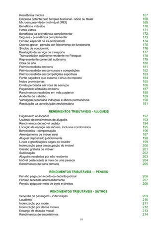 10
Residência médica 167
Empresa optante pelo Simples Nacional - sócio ou titular
Microempreendedor Individual (MEI)
168
169
Benefícios indiretos 170
Horas extras 171
Benefícios da previdência complementar
Seguros - previdência complementar
172
173
Pensão especial de ex-combatente 174
Doença grave - pensão por falecimento de funcionário 175
Síndico de condomínio 176
Prestação de serviço de transporte
Transportador autônomo residente no Paraguai
177
178
Representante comercial autônomo 179
Obra de arte 180
Prêmio recebido em bens 181
Prêmio recebido em concursos e competições 182
Prêmio recebido em competições esportivas 183
Fonte pagadora que assume o ônus do imposto 184
Notas promissórias 185
Dívida perdoada em troca de serviços 186
Pagamento efetuado em bens 187
Rendimentos recebidos em mês posterior 188
Acidente de trabalho 189
Vantagem pecuniária individual e abono permanência 190
Restituição da contribuição previdenciária 191
RENDIMENTOS TRIBUTÁVEIS - ALUGUÉIS
Pagamento ao locador 192
Usufruto de rendimentos de aluguéis 193
Rendimentos de imóvel cedido 194
Locação de espaço em imóveis, inclusive condomínios 195
Benfeitorias - compensação 196
Arrendamento de imóvel rural 197
Aluguel depositado judicialmente 198
Luvas e gratificações pagas ao locador 199
Indenização para desocupação do imóvel 200
Cessão gratuita de imóvel 201
Sublocação 202
Aluguéis recebidos por não residente 203
Imóvel pertencente a mais de uma pessoa 204
Rendimentos de bens comuns 205
RENDIMENTOS TRIBUTÁVEIS — PENSÃO
Pensão paga por acordo ou decisão judicial 206
Pensão recebida acumuladamente 207
Pensão paga por meio de bens e direitos 208
RENDIMENTOS TRIBUTÁVEIS - OUTROS
Servidão de passagem - indenização 209
Laudêmio 210
Indenização por morte 211
Indenização por danos morais 212
Encargo de doação modal 213
Rendimentos de empréstimos 214
 