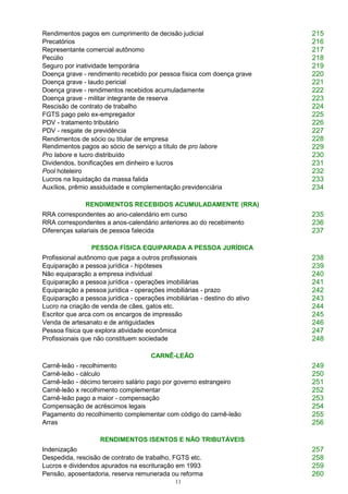 11
Rendimentos pagos em cumprimento de decisão judicial 215
Precatórios 216
Representante comercial autônomo 217
Pecúlio 218
Seguro por inatividade temporária 219
Doença grave - rendimento recebido por pessoa física com doença grave 220
Doença grave - laudo pericial 221
Doença grave - rendimentos recebidos acumuladamente 222
Doença grave - militar integrante de reserva 223
Rescisão de contrato de trabalho 224
FGTS pago pelo ex-empregador 225
PDV - tratamento tributário 226
PDV - resgate de previdência 227
Rendimentos de sócio ou titular de empresa
Rendimentos pagos ao sócio de serviço a título de pro labore
228
229
Pro labore e lucro distribuído 230
Dividendos, bonificações em dinheiro e lucros 231
Pool hoteleiro 232
Lucros na liquidação da massa falida 233
Auxílios, prêmio assiduidade e complementação previdenciária 234
RENDIMENTOS RECEBIDOS ACUMULADAMENTE (RRA)
RRA correspondentes ao ano-calendário em curso 235
RRA correspondentes a anos-calendário anteriores ao do recebimento 236
Diferenças salariais de pessoa falecida 237
PESSOA FÍSICA EQUIPARADA A PESSOA JURÍDICA
Profissional autônomo que paga a outros profissionais 238
Equiparação a pessoa jurídica - hipóteses 239
Não equiparação a empresa individual 240
Equiparação a pessoa jurídica - operações imobiliárias 241
Equiparação a pessoa jurídica - operações imobiliárias - prazo 242
Equiparação a pessoa jurídica - operações imobiliárias - destino do ativo 243
Lucro na criação de venda de cães, gatos etc. 244
Escritor que arca com os encargos de impressão 245
Venda de artesanato e de antiguidades 246
Pessoa física que explora atividade econômica 247
Profissionais que não constituem sociedade 248
CARNÊ-LEÃO
Carnê-leão - recolhimento 249
Carnê-leão - cálculo 250
Carnê-leão - décimo terceiro salário pago por governo estrangeiro 251
Carnê-leão x recolhimento complementar 252
Carnê-leão pago a maior - compensação 253
Compensação de acréscimos legais 254
Pagamento do recolhimento complementar com código do carnê-leão 255
Arras 256
RENDIMENTOS ISENTOS E NÃO TRIBUTÁVEIS
Indenização 257
Despedida, rescisão de contrato de trabalho, FGTS etc. 258
Lucros e dividendos apurados na escrituração em 1993 259
Pensão, aposentadoria, reserva remunerada ou reforma 260
 