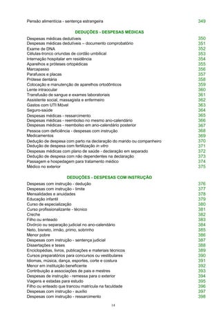 14
Pensão alimentícia - sentença estrangeira 349
DEDUÇÕES - DESPESAS MÉDICAS
Despesas médicas dedutíveis
Despesas médicas dedutíveis – documento comprobatório
350
351
Exame de DNA
Células-tronco oriundas de cordão umbilical
352
353
Internação hospitalar em residência 354
Aparelhos e próteses ortopédicas 355
Marcapasso 356
Parafusos e placas 357
Prótese dentária 358
Colocação e manutenção de aparelhos ortodônticos 359
Lente intraocular 360
Transfusão de sangue e exames laboratoriais 361
Assistente social, massagista e enfermeiro 362
Gastos com UTI Móvel 363
Seguro-saúde 364
Despesas médicas - ressarcimento
Despesas médicas - reembolso no mesmo ano-calendário
Despesas médicas - reembolso em ano-calendário posterior
365
366
367
Pessoa com deficiência - despesas com instrução
Medicamentos
368
369
Dedução de despesa com parto na declaração do marido ou companheiro
Dedução de despesa com fertilização in vitro
370
371
Despesas médicas com plano de saúde - declaração em separado 372
Dedução de despesa com não dependentes na declaração 373
Passagem e hospedagem para tratamento médico 374
Médico no exterior 375
DEDUÇÕES - DESPESAS COM INSTRUÇÃO
Despesas com instrução - dedução 376
Despesas com instrução - limite 377
Mensalidades e anuidades 378
Educação infantil 379
Curso de especialização 380
Curso profissionalizante - técnico 381
Creche 382
Filho ou enteado 383
Divórcio ou separação judicial no ano-calendário 384
Neto, bisneto, irmão, primo, sobrinho 385
Menor pobre 386
Despesas com instrução - sentença judicial 387
Dissertações e teses 388
Enciclopédias, livros, publicações e materiais técnicos 389
Cursos preparatórios para concursos ou vestibulares 390
Idiomas, música, dança, esportes, corte e costura 391
Menor em instituição beneficente 392
Contribuição a associações de pais e mestres 393
Despesas de instrução - remessa para o exterior 394
Viagens e estadas para estudo 395
Filho ou enteado que trancou matrícula na faculdade 396
Despesas com instrução - auxílio 397
Despesas com instrução - ressarcimento 398
 